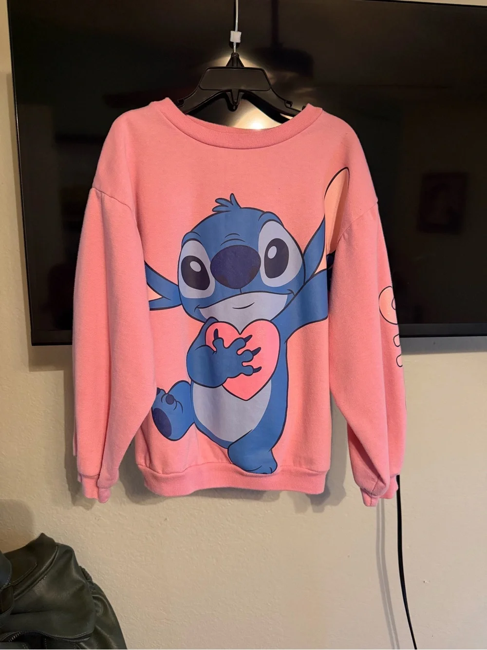 Disney Pink Crewneck Sweatshirt with Blue Stitch Holding Heart